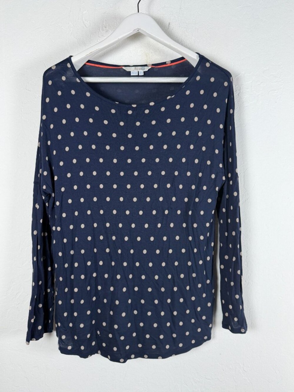 BODEN Womens Navy Blue Polka Dot Long Sleeve Top Quiet Luxury Minimalist Size 8